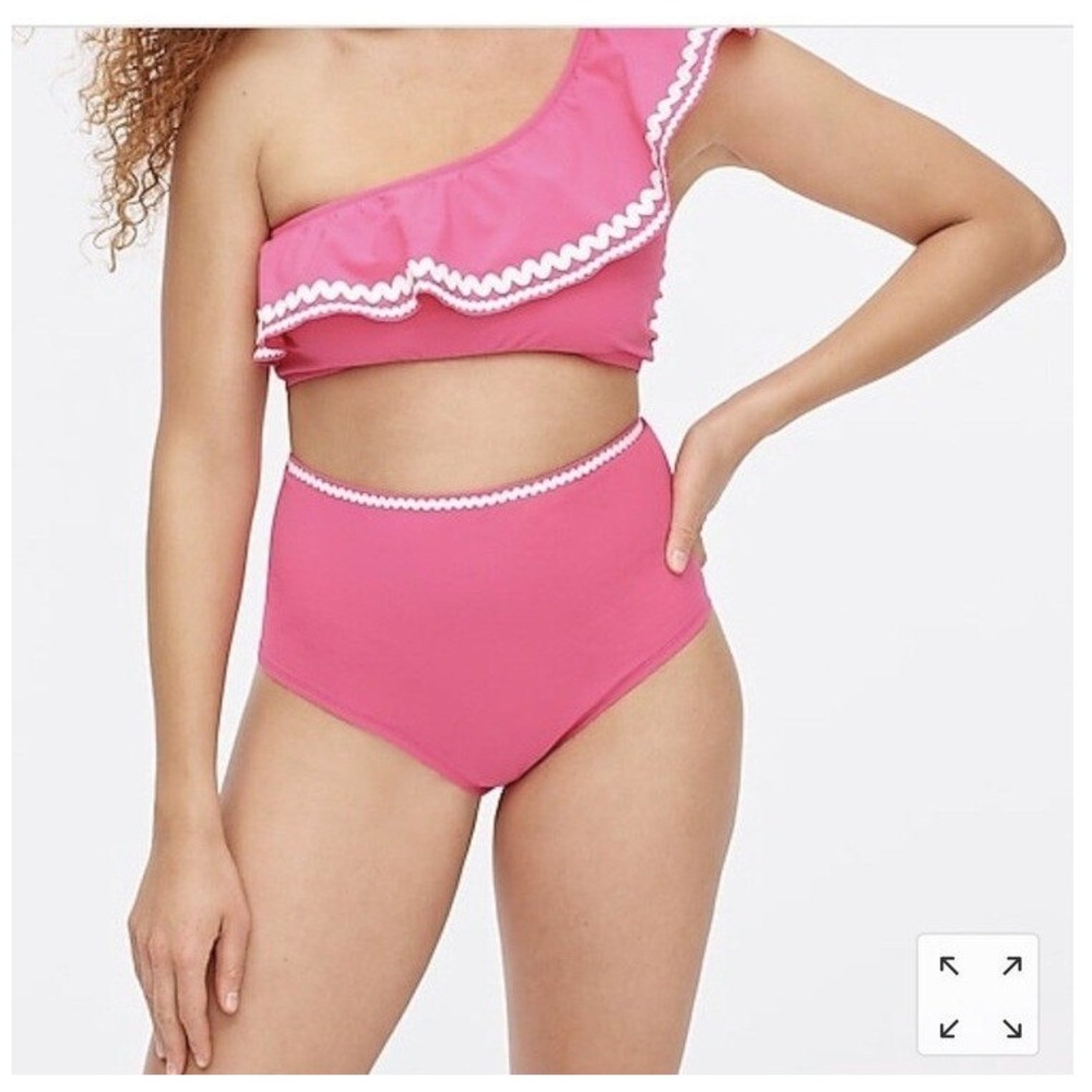 J.Crew NEW Pink Textured High Waisted Bikini Bottoms with Rickrack Trim Sz M